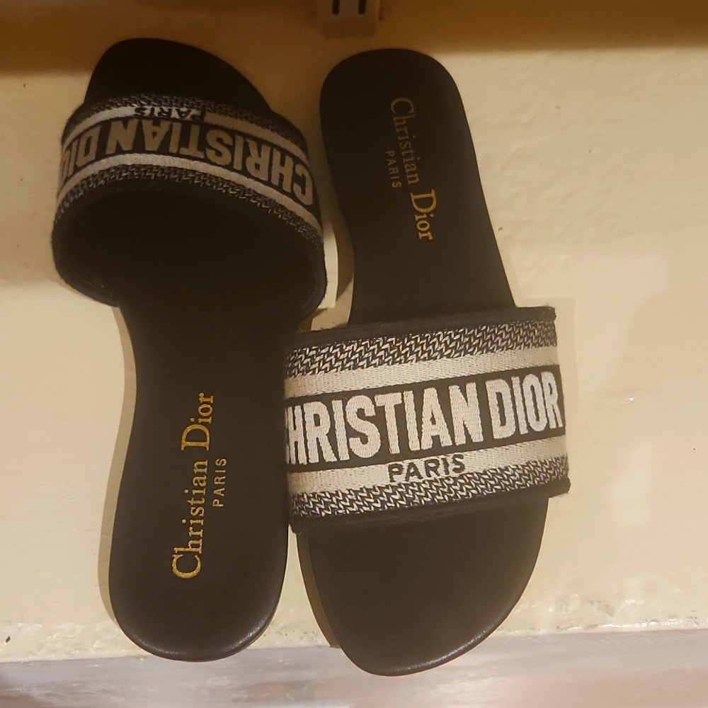 Christian Dior Black and White Dway Slides. 100% Authentic. Cotton Embroidery.